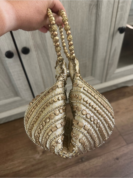 Handicraft Handbags - Handicraft Gold Beaded Potli Bag, Vintage Inspired Accents, Lotus Clutch, 11"x7"